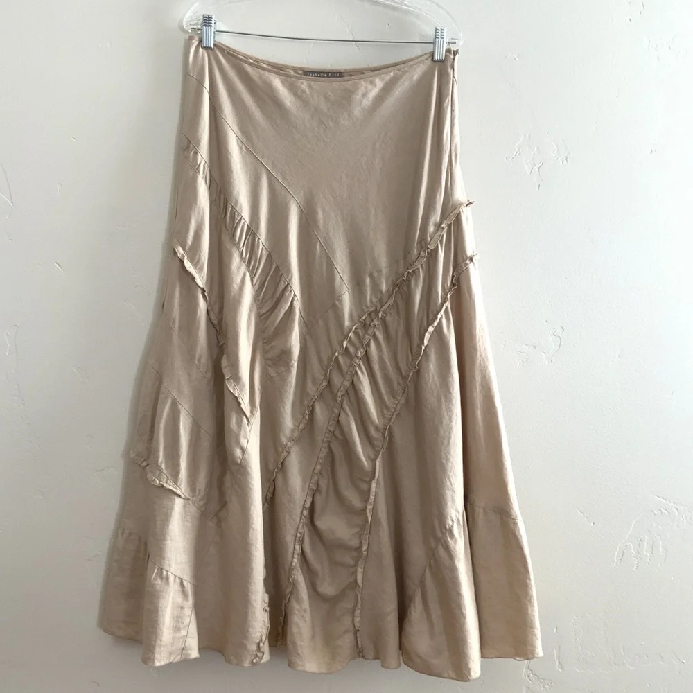 Isabella Bird Tan Panel Tan Beige Linen Lagenlook A-Line Skirt Size 12 - Picture 13 of 14